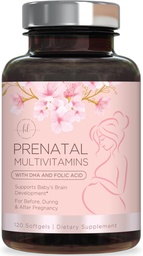 Prenatal Vitamins for Women with Folic Acid + Omega 3 DHA for Fetal Development Support - Prenatal Vitamin Supplement For Mom & Baby - Daily Pregnancy Multivitamin Nutritional Support - 120 Softgels