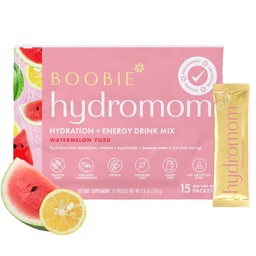 Boobie Hydromom Superfood Electrolyte Drink Mix, Watermelon Yuzu | Refreshing Energy & Hydration Boost for Mamas | On-The-Go & Travel Essentials for Pregnancy, Lactation, & Beyond, 15 Packets