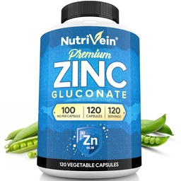 Nutrivein Premium Zinc Gluconate 100mg - 120 Capsules: High-Absorption Zinc Gluconate Supplements for Whole-Body Well-Being - Essential Elements for Wellness