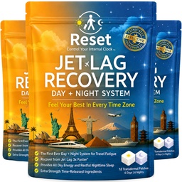 Reset Jet Lag Recovery System | Day and Night Transdermal Patches with Extra Strength Melatonin, Magnesium and B Vitamins | Travel Fatigue Relief, Sleep Support | Energy Boost | Family Travel - 3pk