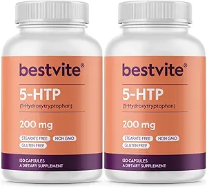 BESTVITE 5-HTP 200mg per Capsule (240 Capsules) (120 x 2) - No Stearates - No Flow Agents - Gluten Free - Non GMO