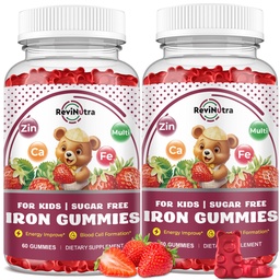 Iron Supplement Gummies for Kids - with Calcium, Zinc, Kids Multivitamin with Iron Gummies - Immune Support, Blood Builder & Energy Support for Iron Deficiency - 2 Pack Strawberry Flavour, 60 Gummies