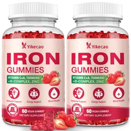 2 Pack Vegan Iron Gummies, Iron Supplement for Women & Men, with Vitamin C, A, B-Complex, Folate, Zinc, and Biotin, Strawberry Flavor, 120 Count