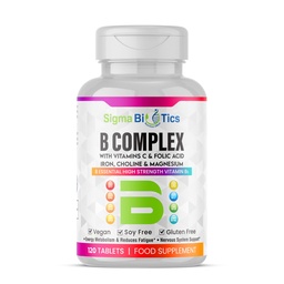 B Complex with Vitamin C, Folic Acid, Iron, Choline & Magnesium - Advanced High Potency B1, B2, B3, B5, B6, B7, B9, B12 - Energy & Nervous System Support - Vegan, Non-GMO 120 Tablets