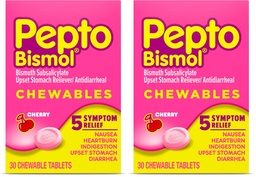 Pepto Bismol Cherry Chewable Tablets, Upset Stomach Relief, Nausea Relief, Heartburn Relief, Indigestion Relief, Anti Diarrhea Medication for Adults - 5 Symptom Relief, 30 ct (Pack of 2)
