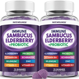 PAYÉ Elderberry Gummies, Vitamin C Immune Support Supplement + Probiotic Gut Health - Sambucus, Echinacea, Vitamin B, Zinc, Selenium, 140 Gummies for Adults and Kids