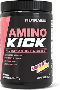 NutraBio Amino Kick – BCAA Powder with Natural Caffeine – Amino Acids Supplement for Energy, Hydration & Recovery – BCAAs, Electrolytes & Amino Acids – Raspberry Lemonade, 30 Servings