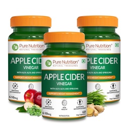 Pure Nutrition ACV Apple Cider Vinegar Tablets | Control Craving | ACV for Weight Loss & Detox with Wheat Grass & Spirulina for Enhanced Wellness | Rich in Antioxidants | Supports Weight Management, Detoxification & Immunity - 60 Veg Capsules (Pack of 3)