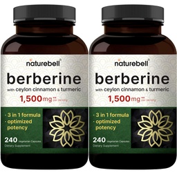 NatureBell Berberine Supplement 1,500mg with Ceylon Cinnamon & Turmeric Root, 480 Veggie Capsules (2 Pack) | 97% Pure Berberine HCL | Supports Balanced Sugar Levels & Heart Health | Vegan, Non-GMO