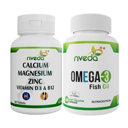 Nveda Omega 3 Fish Oil & Calcium Combo for Men & Women with Omega 3, Calcium, Magnesium, Zinc, Vitamin D3 & Vitamin B12 for Heart, Brain & Bone Health, 60 Capsules + 60 Tablets