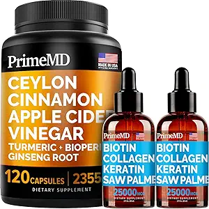 4-in-1 Liquid Biotin Collagen Keratin Saw Palmetto Drops (2 fl oz - 2 Pack) & 5-in-1 Ceylon Cinnamon w Turmeric & Ginseng Root (120ct) Bundle - Hair, Skin, Nails, & Immune Support Supplement