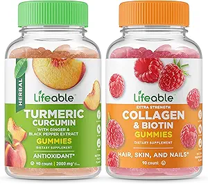 Lifeable Turmeric Curcumin + Collagen & Biotin, Gummies Bundle - Great Tasting, Vitamin Supplement, Gluten Free, GMO Free, Chewable Gummy