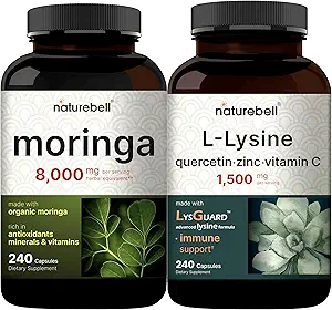 NatureBell Moringa Oleifera 8000mg Per Serving & L-Lysine 1,000mg Capsule Bundle Pack | Superfood Antioxidant | Free Form Amino Acids, L Lysine Complex