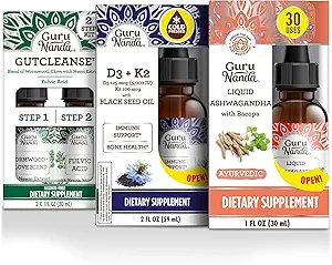 GuruNanda Total Wellness Boost with Liquid Ashwagandha, Black Seed Oil & GutCleanse - Helps with Immunity and Mind Care