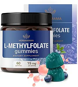HERBAMAMA L-Methylfolate Gummies - 15mg 5-MTHF Calming Supplement for Adults - Vegan, Non-GMO Methylated Folate (Vitamin B9) for Brain Support - 60 Pectin-Based Blueberry-Flavored Chews
