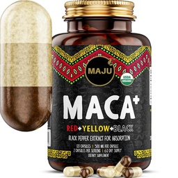 Maju Superfoods 4-in-1 Maca Root Capsules, Organic Black, Yellow & Red Roots w Black Pepper Extract for Absorption (120 ct) | Peru Product, Peruvian Powder, Men & Women Supplement, 60,000 mg