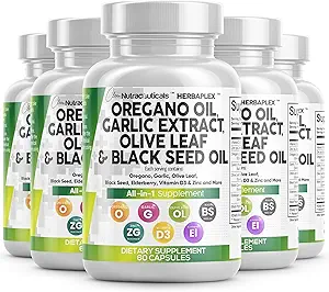 Clean Nutraceuticals Oregano Oil Garlic Extract Olive Leaf Black Seed Oil- Immune Support & Digestive Health Supplement for Women and Men with Vitamin D3 & Zinc - 5Pack