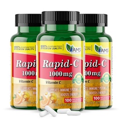 America Medic & Science Rapid-C 1000mg Vitamin C Supplement (3 Pack of 100 Tablets) Energy Booster, Daily Immune System Support, Antioxidant | Vegan, Non-GMO Coated Ascorbic Acid for Adult Men & Women