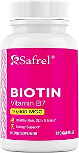 Safrel Biotin (Vitamin B7) 10,000mcg (10mg) Vitamin Supplement, 240 Capsules - Vegetarian, Gluten Free, Quick Release, Non-GMO