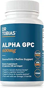 Dr. Tobias Alpha GPC 600mg Per Serving - Bioavailable Choline Supplements for Brain, Memory and Focus - Premium Nootropic Alpha GPC Choline Supplement, Vegan, Non-GMO, 60 Capsules, 30 Servings