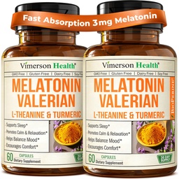 Melatonin 3mg + Valerian Root for Sleep, Daily Calm & Stress Relief Support – Natural Sleep Aid: Organic Turmeric Melatonin Valerian Supplement with L-Theanine, Ginger & Black Pepper – 2 Pack
