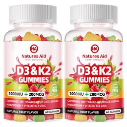 Natures aid Sugar-Free Vitamin D3 K2 Gummies with Calcium + K2 (MK-7), Magnesium Citrate, Vitamin C, Extra Strength - Ultimate Absorption for Bone Muscle Teeth Immune, Vegan - 120 Gummies