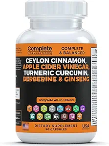Ceylon Cinnamon Capsules with Berberine, Apple Cider Vinegar, Turmeric Curcumin, Ginseng, Zinc, Milk Thistle, Bitter Melon, Fenugreek & More