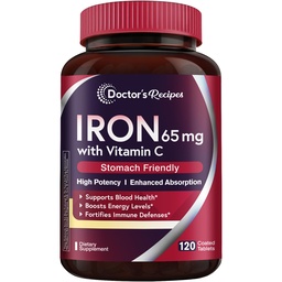 Doctor's Recipes Iron Supplement 65 mg with Vitamin C - Maximized Absorption & Stomach Friendly Iron Pills for Red Blood Cells Formation, Heart, Brain & Immunity Health - Vegan Non-GMO 120 Iron Tabs