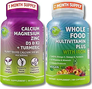 Vegan Whole Food Multivitamin with Iron + Plant-Based Calcium, Magnesium, Zinc, D3, K2 & Organic Turmeric – Complete Daily Supplement Bundle for Men & Women – Energy, Immunity & Bone Support