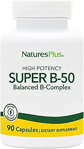 Natures Plus Super B50-90 Vegetarian Capsules - High Potency B Complex Vitamin Supplement - Brain & Energy Booster - Gluten-Free - 90 Servings
