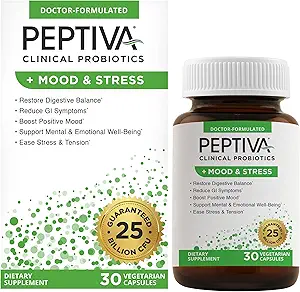 Peptiva Probiotics Mood & Stress - Stress and Mood Support, Digestive Support, Gut Health, 25 Billion CFU, Multi-Strain Probiotics, Lactobacillus Acidophilus, Bifidobacterium - 30 Capsules
