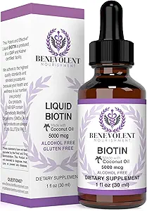 Benevolent Liquid Biotin 5000 mcg - Infused with Coconut Oil for 5X Absorption, Non-GMO & Vegan Friendly Biotin for Hair Growth Glowing Skin and Strong Nails, Hair Growth Products, Biotin Supplement