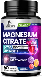 Magnesium Citrate 1000mg Per Serving - 3X Strength Magnesium Supplement for Bone, Muscle, Heart, Natural Sleep Support for Men & Women, Vegan Mag Mineral Pills, Non-GMO, Bottled in USA - 240 Capsules