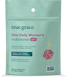 True Grace One Daily Women’s Multivitamin 40+ Fermented Minerals, Organic Adaptogens & Mushrooms Energy, Immune, Bone Support - Non-GMO - Iron, Gluten & Soy Free - 90 Vegan Tablets