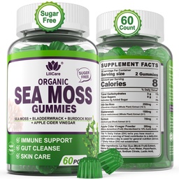 Sea Moss Gummies - Irish Sea Moss Gummies for Adults & Kids - Advanced Superfood Seamoss Supplement + Bladderwrack & Burdock Root Extract，ACV for Daily Immune, Gut Cleanse, Vegan, Sugar Free, 60 Cts