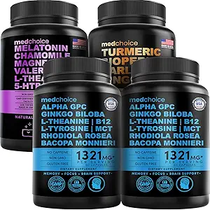 MEDCHOICE Sleep Melatonin (90ct), Turmeric & Ginger (120ct), and Nootropic Brain (120ct) Supplement Bundle - Wellness Trio for Brain, Sleep, & Immune Support - Vegan, Non-GMO, Gluten-Free