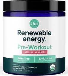 Ora Organic Natural Pre Workout Powder - Raspberry Lemonade Flavor- Provides Jitter Free Energy, Focus, Hydration, & Endurance - Vegan, Certified Organic, Soy, Dairy, & Gluten Free, 20 Servings