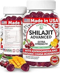 Lunakai USA Made Pure Shilajit Gummies 1200mg with Ashwagandha & Chaga - Himalayan Shilajit for Men & Women, Energy & Vitality Support, 60ct