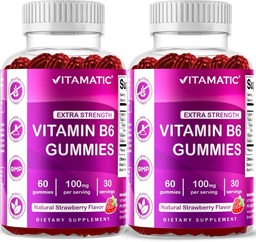 Vitamatic 2 Packs Vitamin B6 100mg Gummies – Natural Strawberry Flavor – 60 Pectin-Based Gummies per Bottle – Nervous System & Energy Support