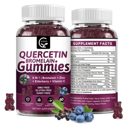 Quercetin Gummies with Bromelain 2378mg - Blend with Elderberry, Echinacea Purpurea Extract, Zinc, Vitamin C,D3,K2, Complex Supports Immune, Cardiovascular & Respiratory, Vegan Gummy for Adult & Kid