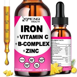 Iron Supplement for Women Men & Kids, Iron Vitamin C, A, B-Complex, Vegan Iron Drops High Potency Liquid Vitamin & Iron Supplements for Anemia, Red Blood Cell, Energy, Blood Builder, Gentle