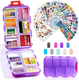 14 Grids Travel Pill Organizer Box with 415-Pcs Medicine Name Labels, Pocket Daily Pharmacy Case Container, Travel Medication Holder Dispenser Kit for Fish Oil Vitamin Supplement Storage -Clear Purple