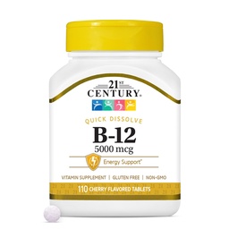 21st Century Vitamin B12 5000 mcg Supplement, (110 Count), Cherry Flavored Sublingual Tablets, Quick Dissolving Formula, Gluten-Free & Non-GMO, No Added Yeast, Artificial Flavors, or Colors