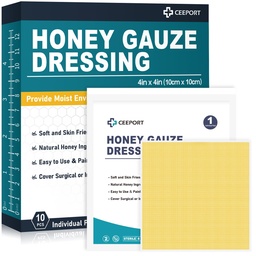 Ceeport Manuka Honey Gauze Wound Dressing, 4" x 4", 10 Individual Pack | Medical Grade Manuka Honey bandages for wounds, Bed Sore, Burns, Blisters, Minor Cuts, Non-Adherent, Sterile, Wound Care