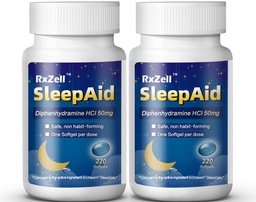 RXZELL Sleep Aid, Diphenhydramine Softgels 50mg, Easy-to-Swallow, Supports Deeper Restful Sleeping, Non Habit-Forming (220 Counts | Pack of 2)