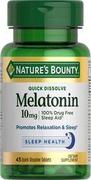 Nature's Bounty Melatonin, 100% Drug Free Sleep Aid, Dietary Supplement, Promotes Relaxation and Sleep Health, 10mg, 45 Quick Dissolve Tablets