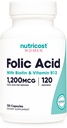 Nutricost Folic Acid for Women (Vitamin B9) 1200 mcg, 120 Capsules, with B12 and Biotin, Veggie Caps, Non-GMO & Gluten Free
