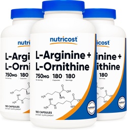 Nutricost L-Arginine L-Ornithine 750mg; 180 Capsules (3 Bottles)