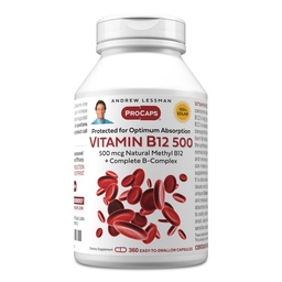 ANDREW LESSMAN Vitamin B12 500 360 Capsules - Absorption-Protected Methylcobalamin (Natural Coenzyme Vitamin B12), Essential for Energy and Stress Support, Plus B-Complex, Easy to Swallow Capsules