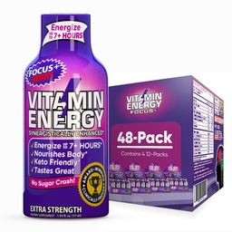 Vitamin Energy Focus+ Extra Strength Energy Shot Berry 48 Pack, 260mg Natural Caffeine, B-Vitamins, CoQ10, Amino Acids, Focus, Productivity & Clarity, Zero Sugar, Gluten-Free, 1.93 fl oz